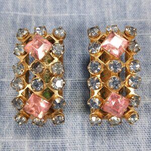 1960s Vintage Clip Earrings with Pink and Light Blue Rhinestones in a Box Shape